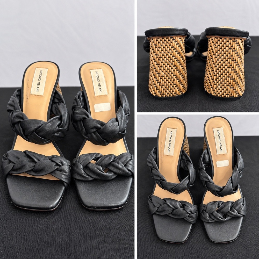 Antonio Melani Bannon Black Leather Braided Block Heel Slide Sandals Sz 11M